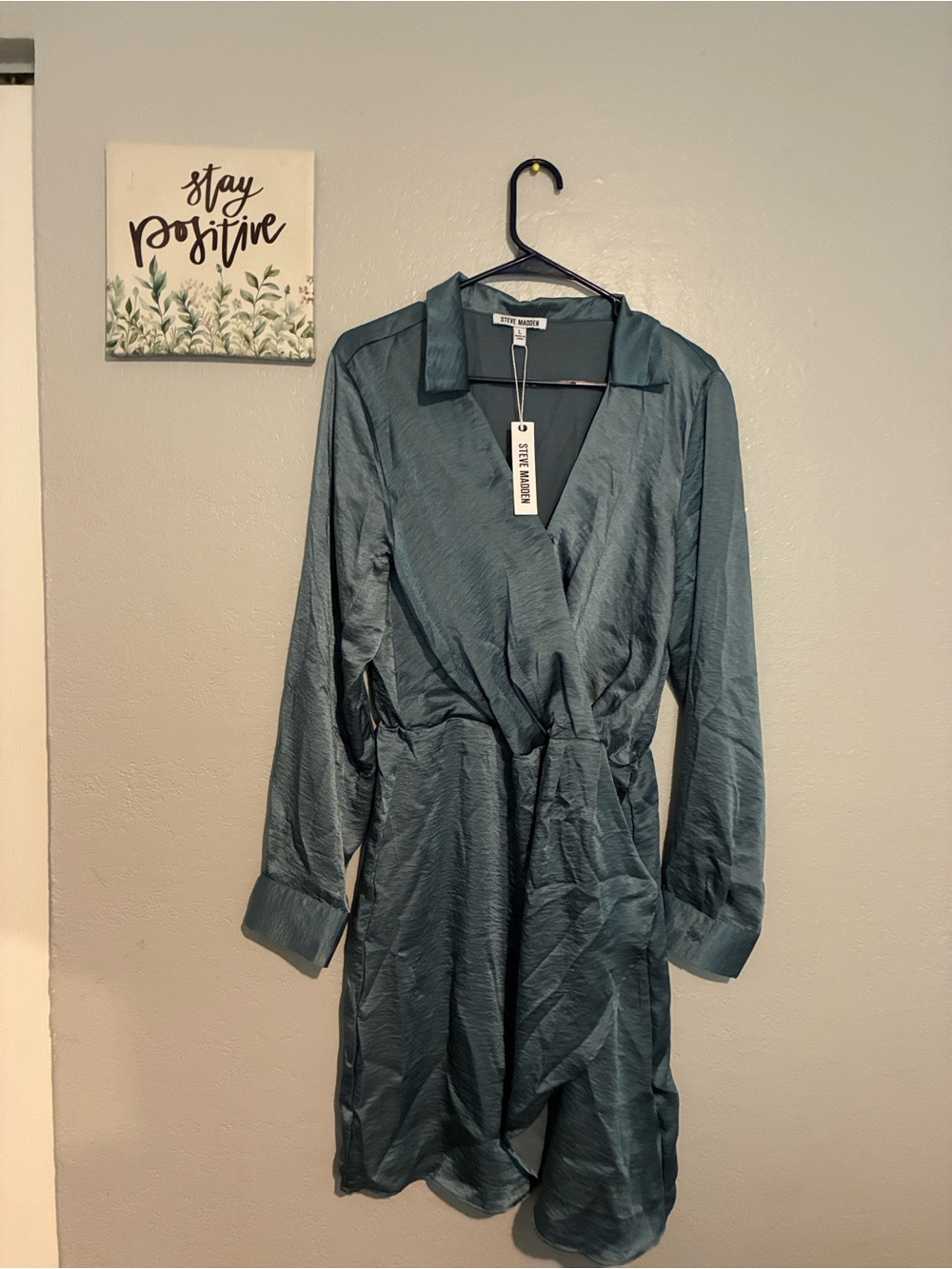 Steve Madden Blue Dusk Washed Satin Faux Wrap Dress Size L